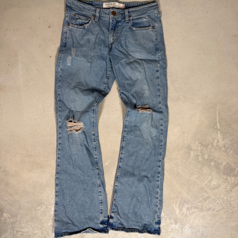 Levis 518 Superlow Bootcut Jeans Womens 9M Blue Distressed Low Rise Denim 30x31